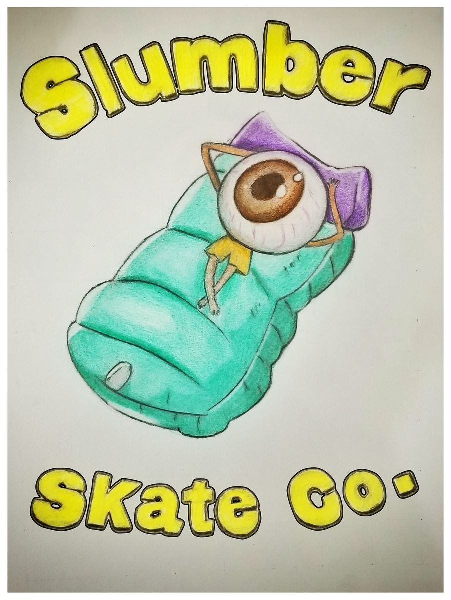 colored drawing of a personified eyeball on a beanbag chair