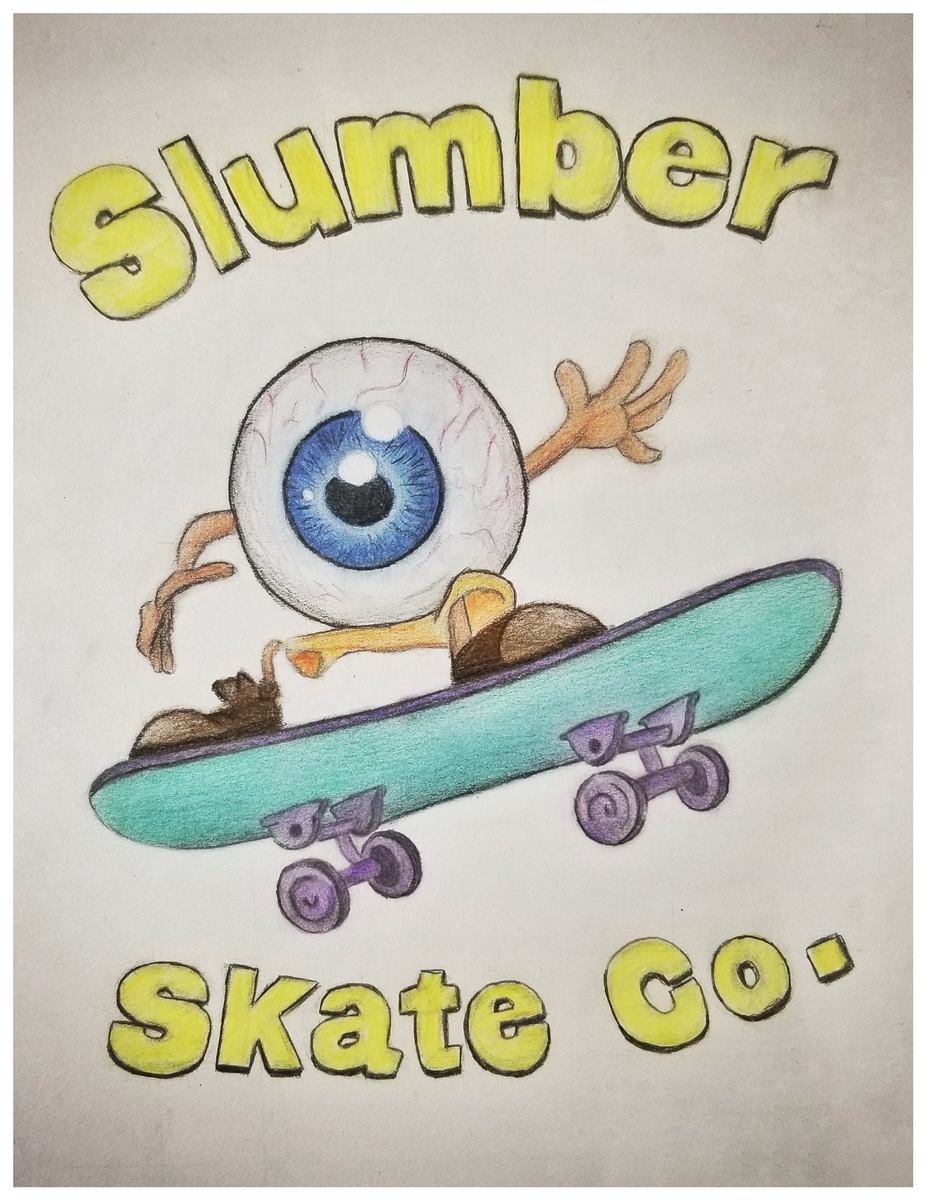 personified eyeball ridding a skateboard